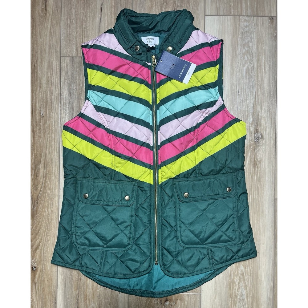 NWT Crown& Ivy Multicolored Puffer Quilted Vest - Women Size Small